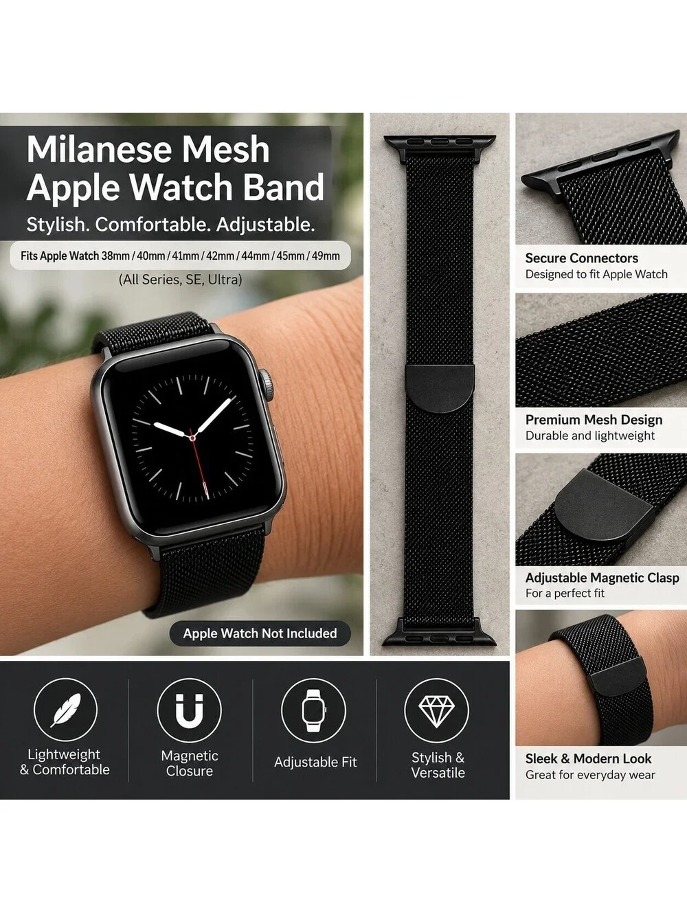 Black Milanese Mesh Magnetic Band Fits Apple Watch 42mm 44mm 45mm...